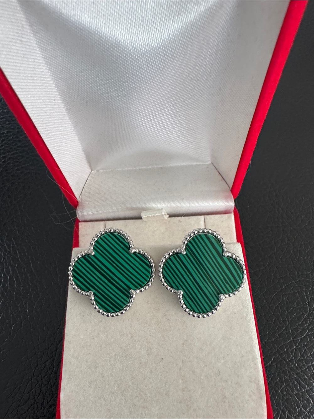 925 sterling silver clover big green malachite white earrings
